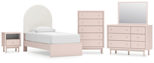 Wistenpine Twin Upholstered Panel Bed with Mirrored Dresser, Chest and Nightstand
