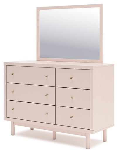 Wistenpine Full Upholstered Panel Headboard with Mirrored Dresser and Nightstand