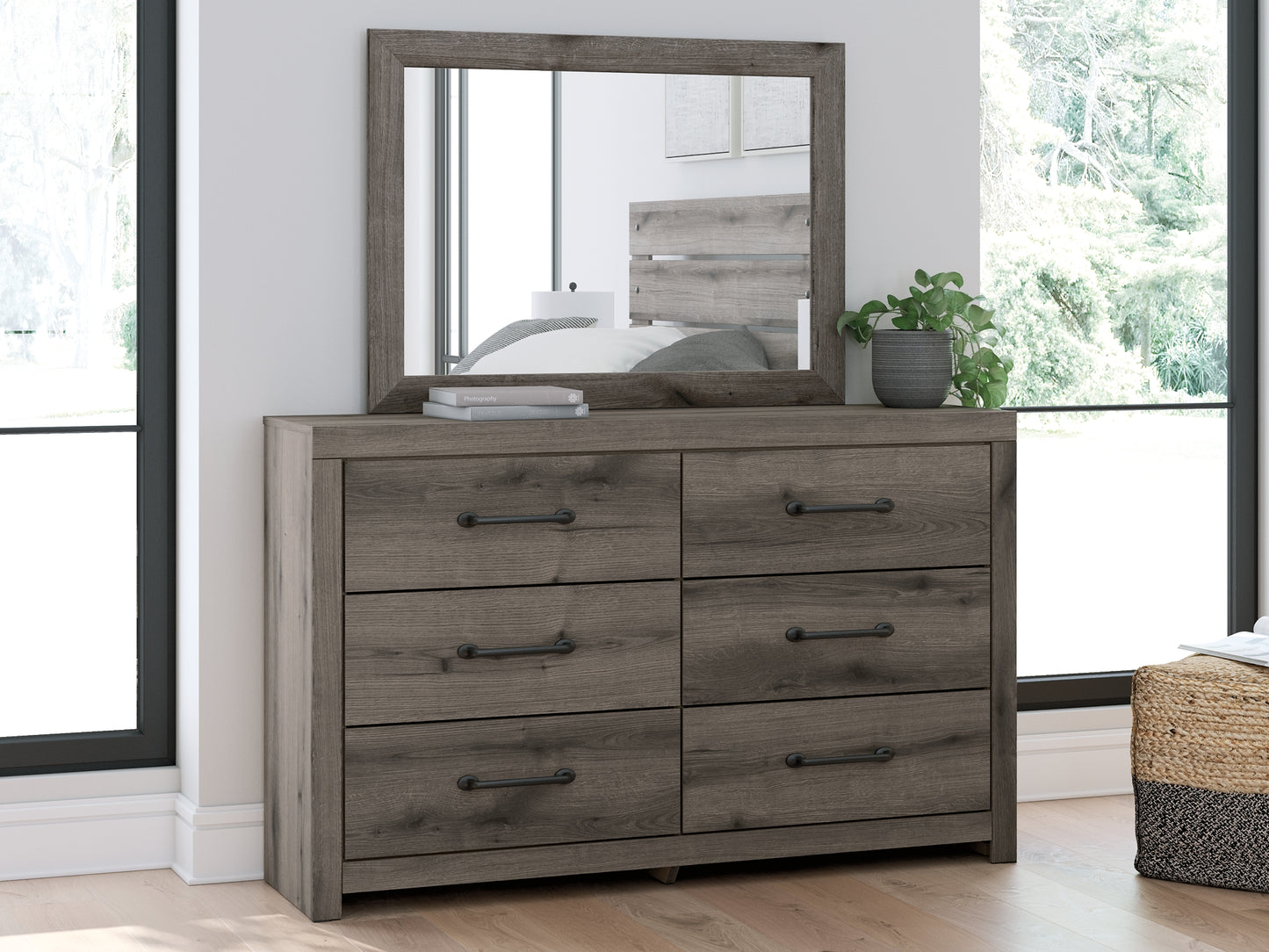 Graystorm Queen Panel Bed with Mirrored Dresser